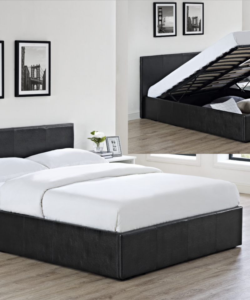 Faux Leather Ottoman Storage Gas Lift Up Bed in Black