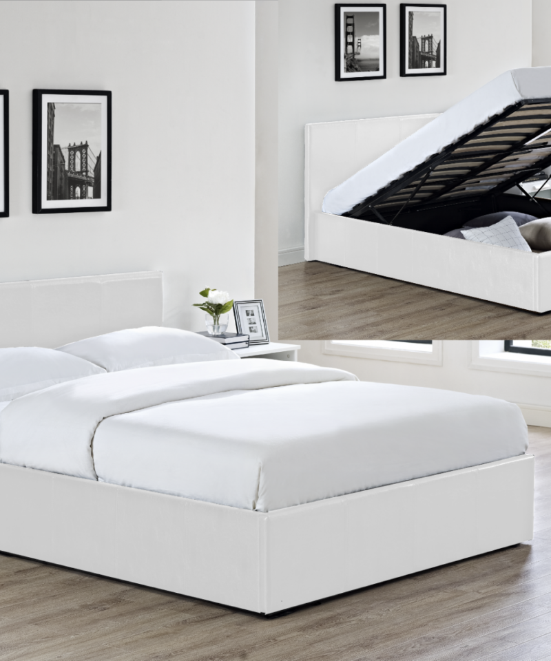 Faux Leather Ottoman Storage Gas Lift Up Bed in White