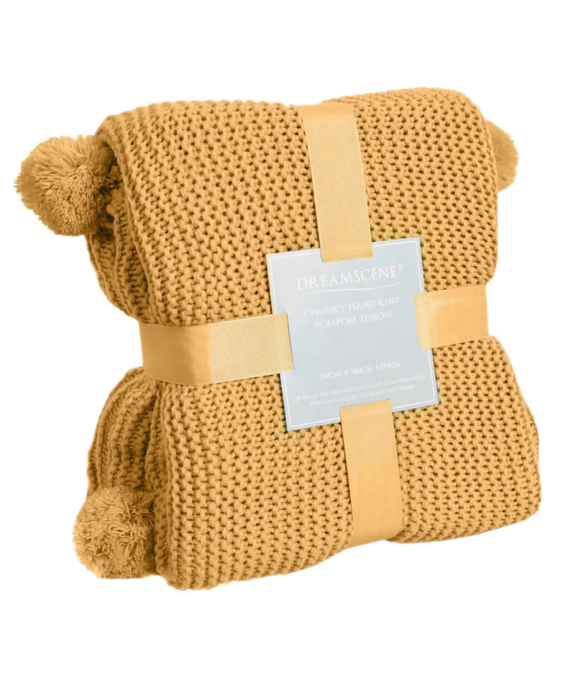 Chunky Knit Pom Pom Blanket - Mustard Ochre Yellow - 1