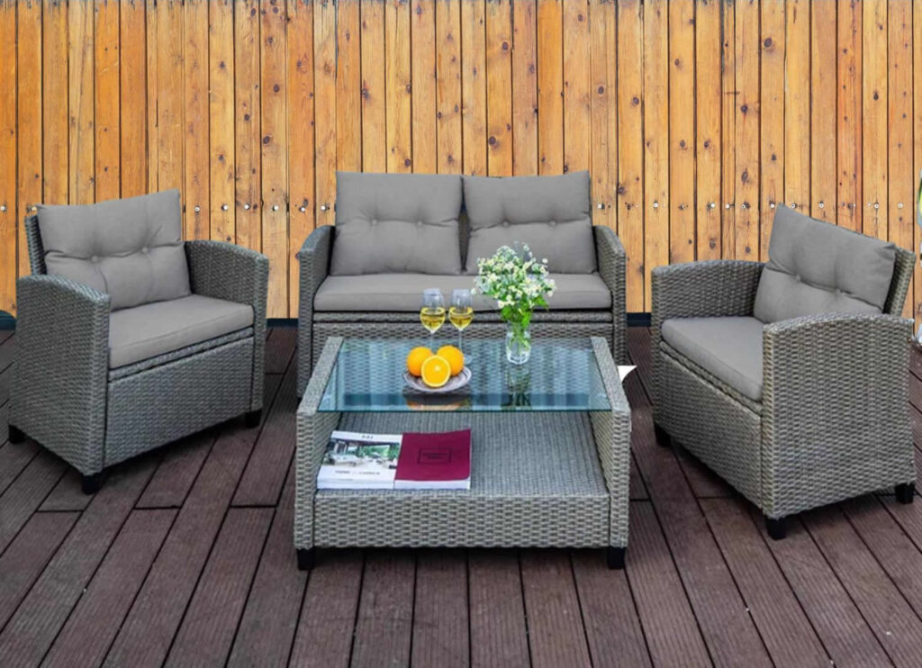 Mora Rattan 4 Seater Outdoor Conversation Set Garden Furniture Sofas with Coffee Table in Grey