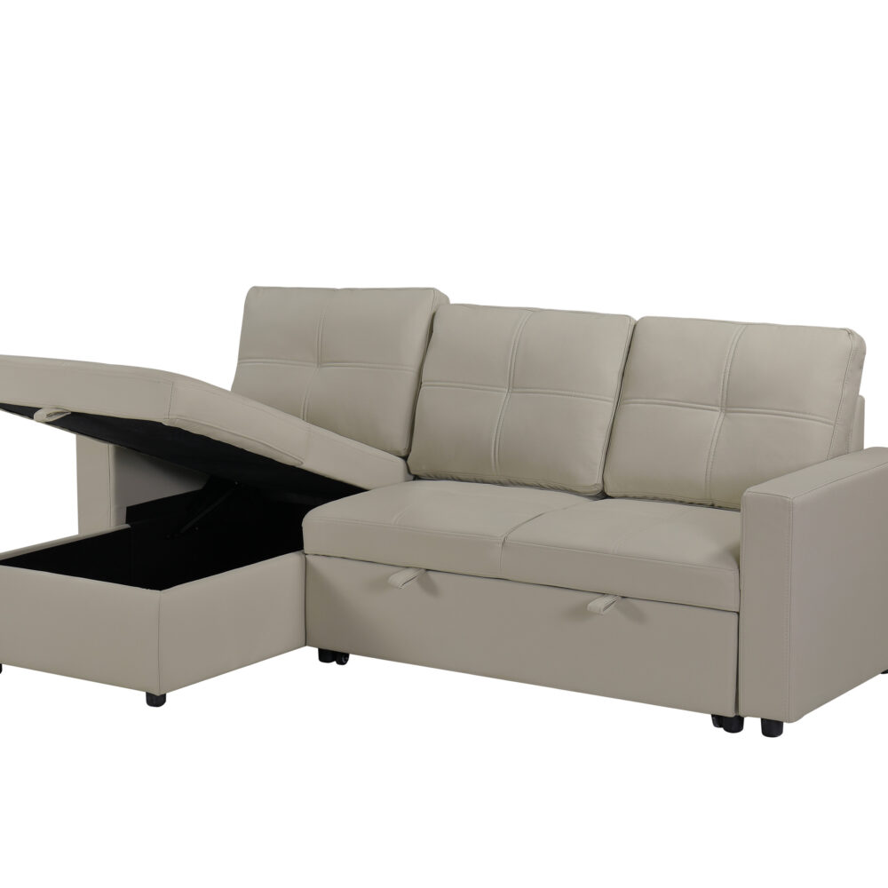 Newport Leather 3 Seater Pullout Sofa Bed in Beige with Storage Compartment