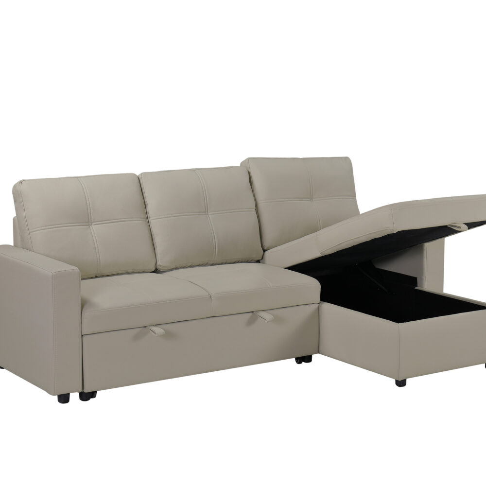 Newport Leather 3 Seater Pullout Sofa Bed in Beige with Storage Compartment
