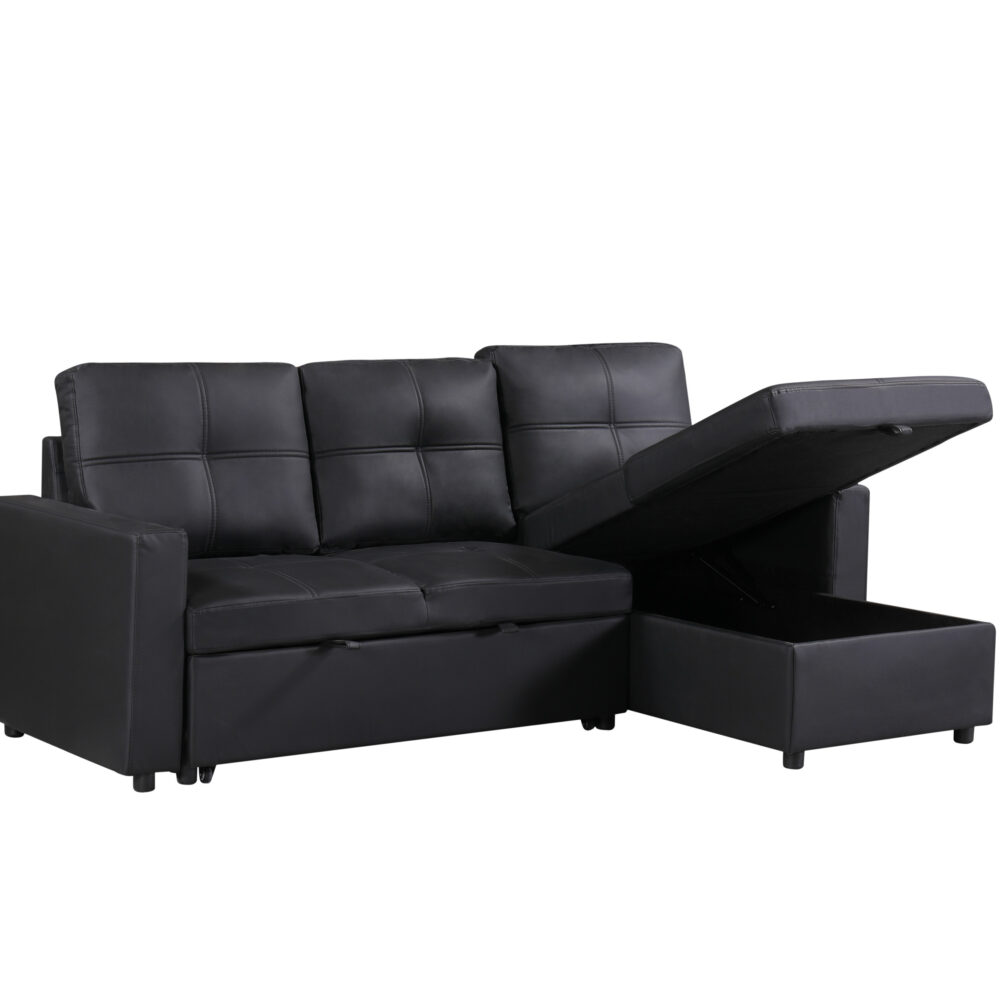 Newport Leather 3 Seater Pullout Sofa Bed in Black with Storage Compartment