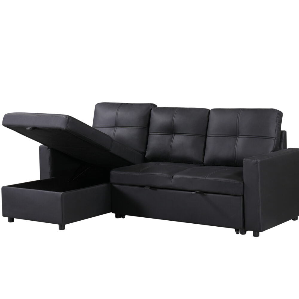 Newport Leather 3 Seater Pullout Sofa Bed in Black with Storage Compartment