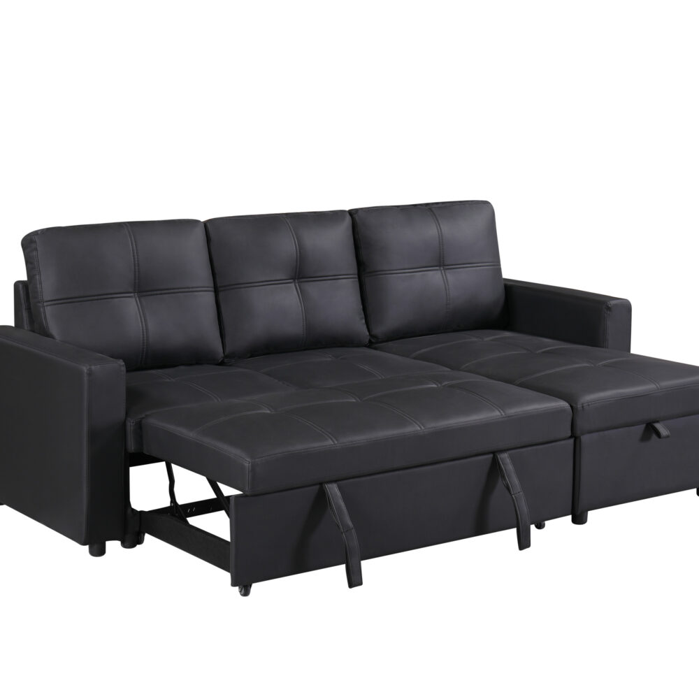 Newport Leather 3 Seater Pullout Sofa Bed in Black with Storage Compartment