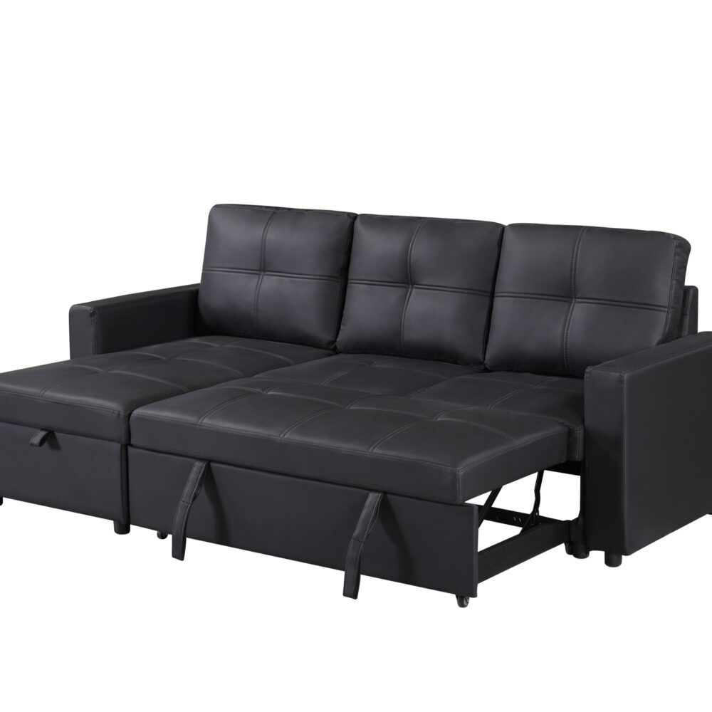Newport Leather 3 Seater Pullout Sofa Bed in Black with Storage Compartment