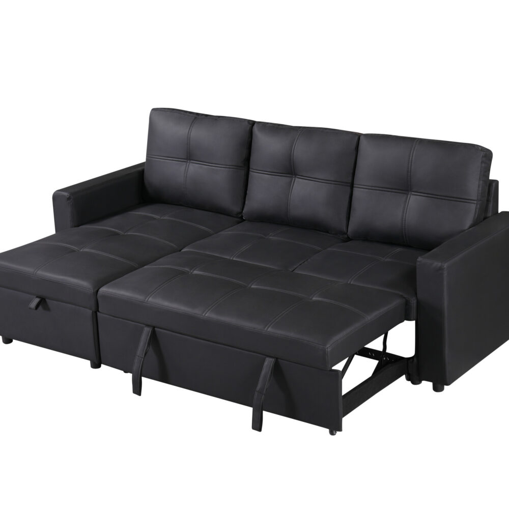 Newport Leather 3 Seater Pullout Sofa Bed in Black with Storage Compartment