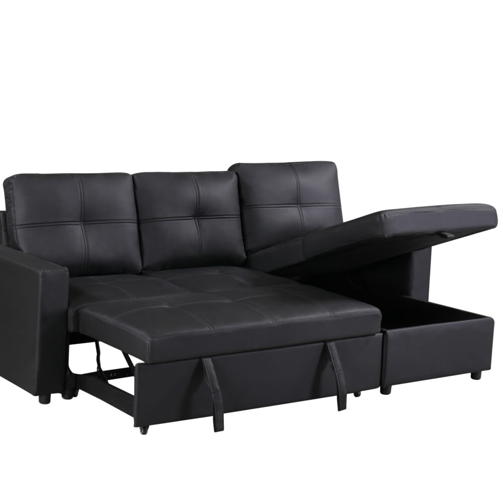 Newport Leather 3 Seater Pullout Sofa Bed in Black with Storage Compartment