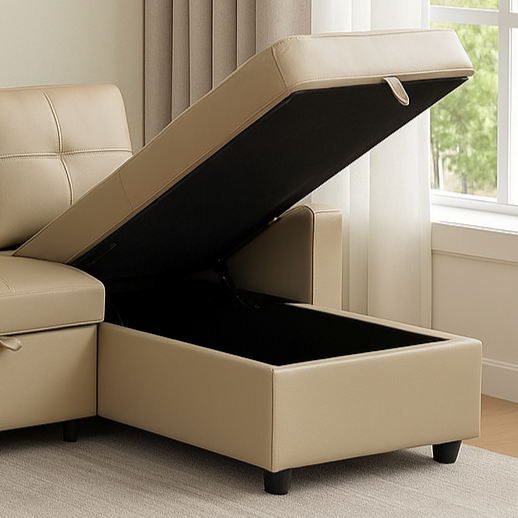 Newport Leather 3 Seater Pullout Sofa Bed in Beige with Storage Compartment