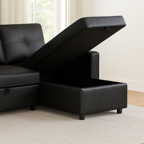 Newport Leather 3 Seater Pullout Sofa Bed in Black with Storage Compartment