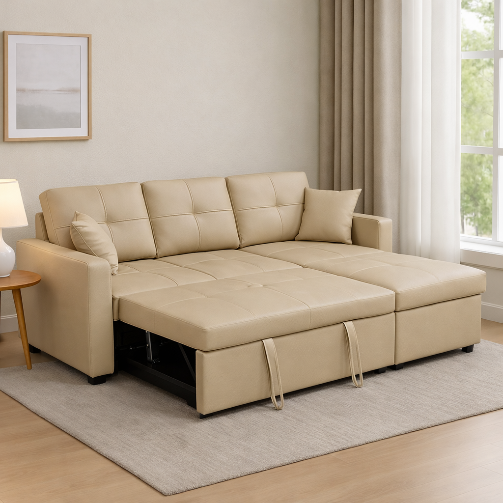Newport Leather 3 Seater Pullout Sofa Bed in Beige with Storage Compartment
