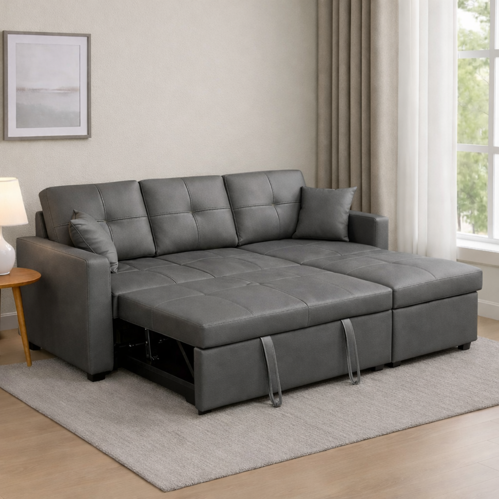 Newport Leather 3 Seater Pullout Sofa Bed in Grey with Storage Compartment