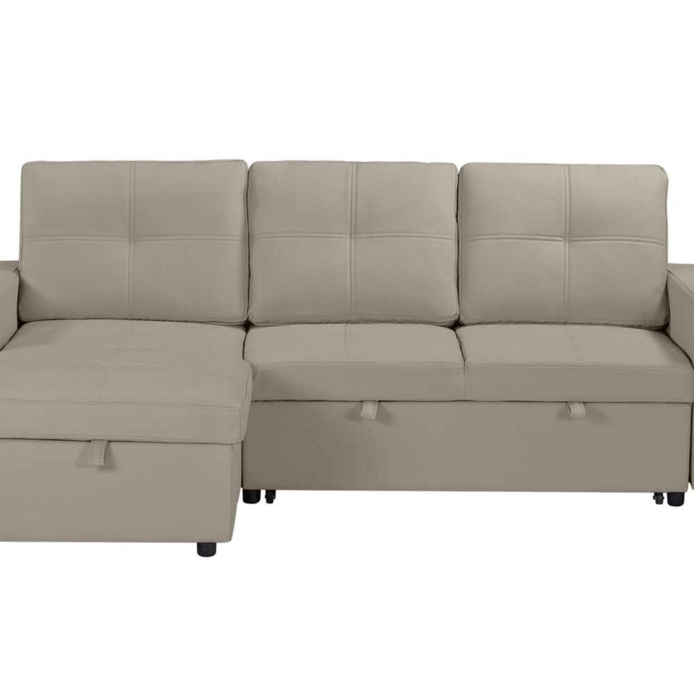 Newport Leather 3 Seater Pullout Sofa Bed in Beige with Storage Compartment