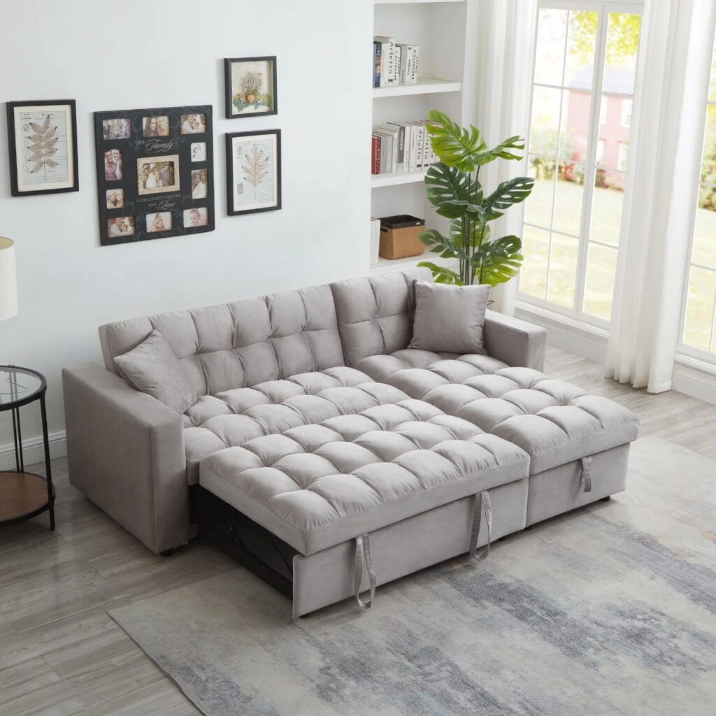 Madrid Velvet 3 Seater Pullout Sofa Bed in Grey with Reversible Storage Chaise
