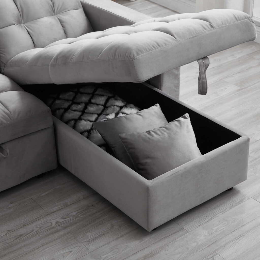 Madrid Velvet 3 Seater Pullout Sofa Bed in Grey with Reversible Storage Chaise