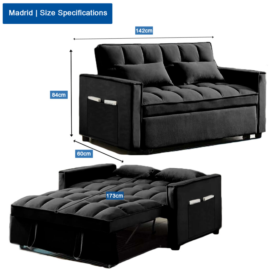 Madrid Velvet 2 Seater Pullout Sofa Bed in Black