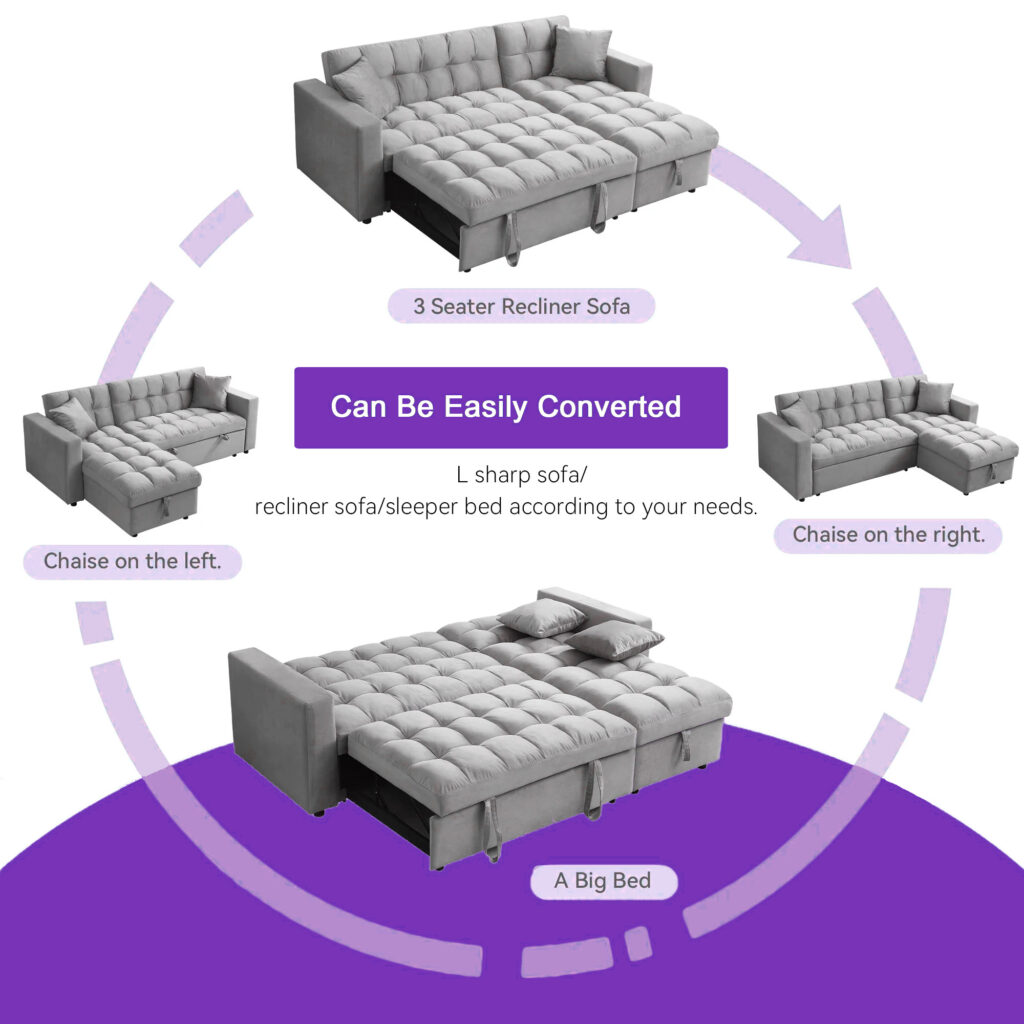 Madrid Velvet 3 Seater Pullout Sofa Bed in Grey with Reversible Storage Chaise