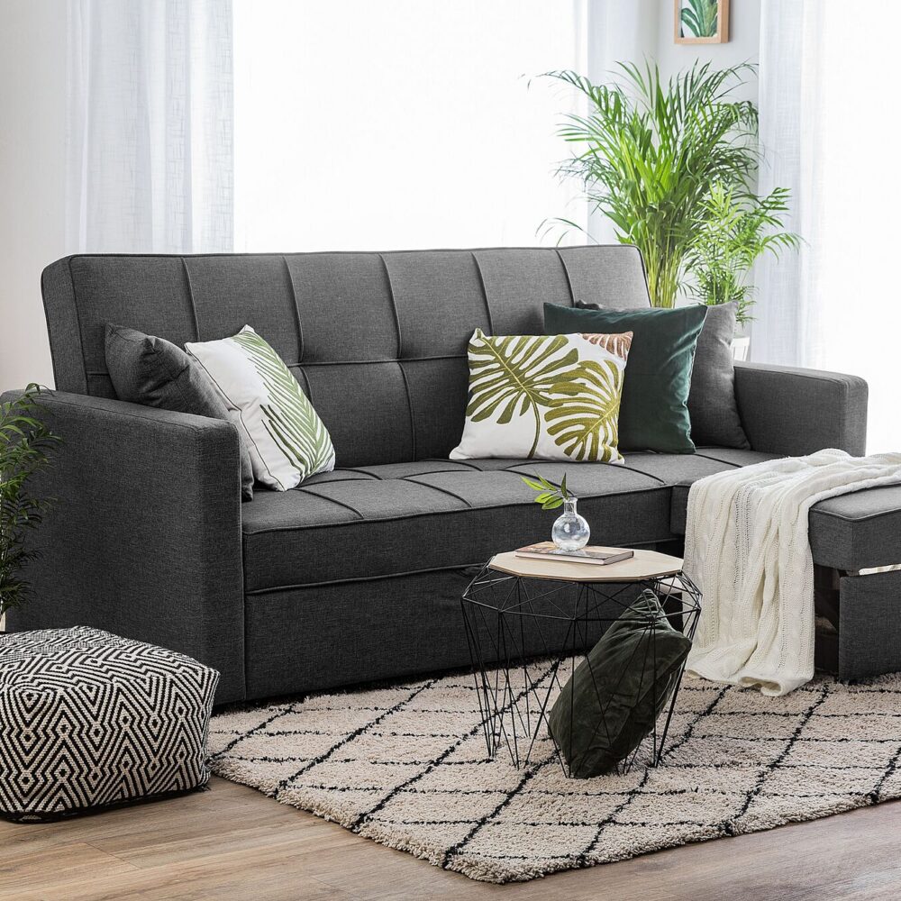 Malthe Linen Fabric 3 Seater Pullout Sofa Bed in Dark Grey