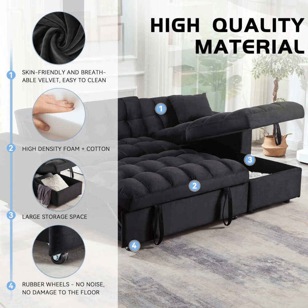 Madrid Velvet 3 Seater Pullout Sofa Bed in Black with Reversible Storage Chaise