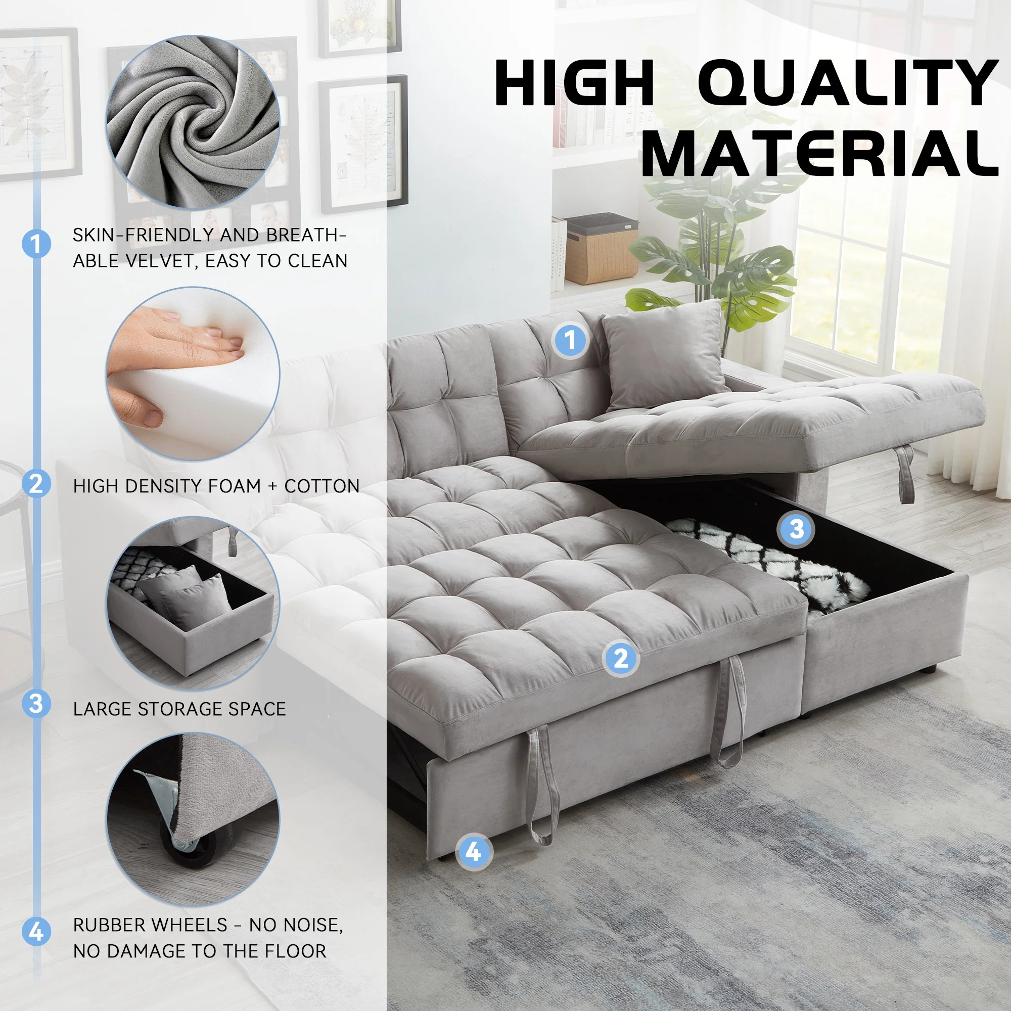 Madrid Velvet 3 Seater Pullout Sofa Bed in Grey with Reversible Storage Chaise