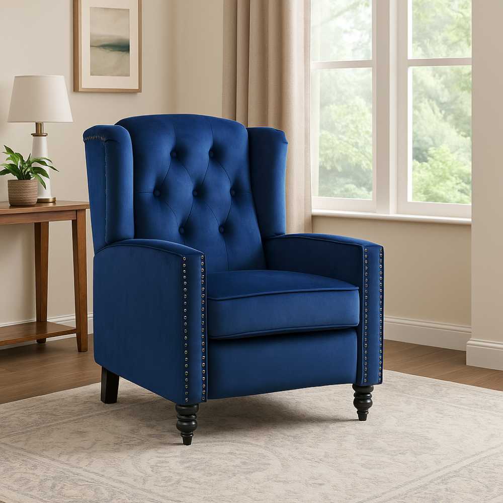 Antwerp Fabric Pushback Recliner Velvet Wingback Armchair in Blue