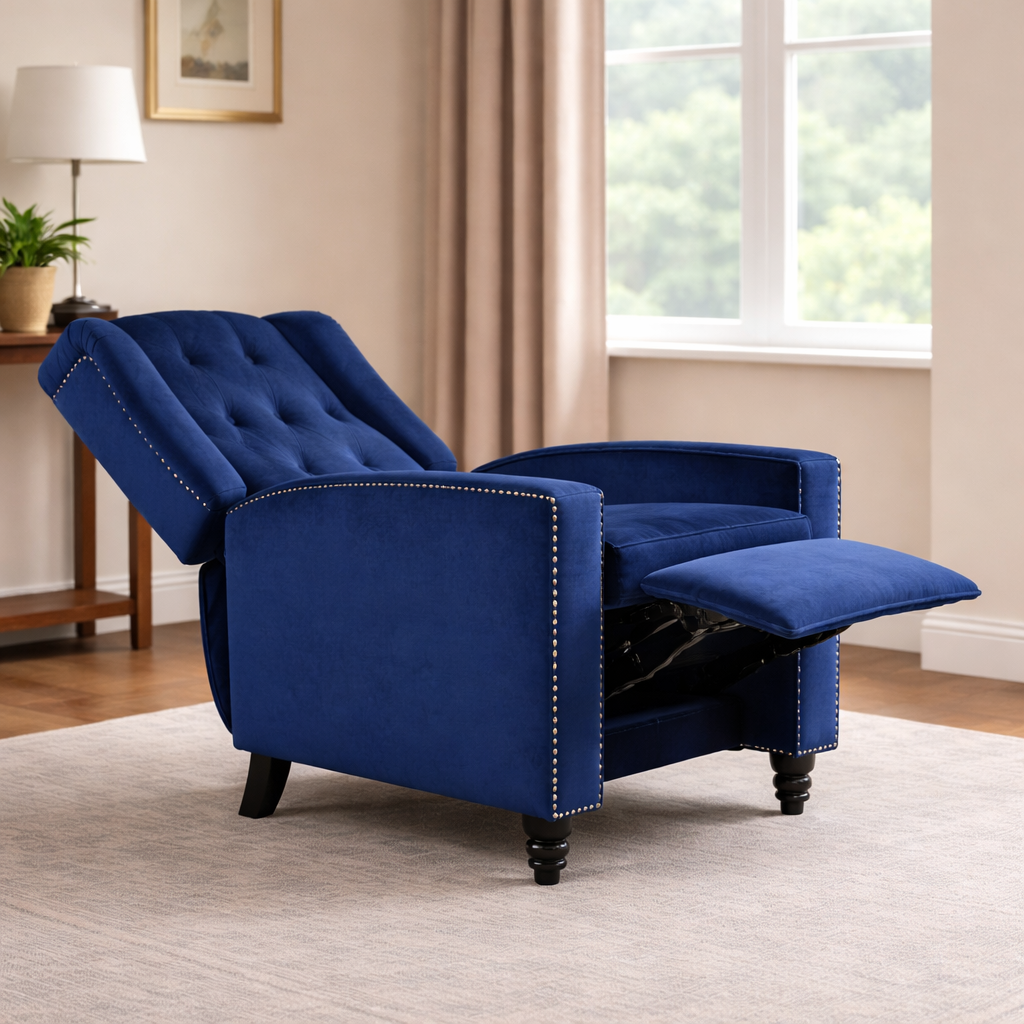 Antwerp Fabric Pushback Recliner Velvet Wingback Armchair in Blue