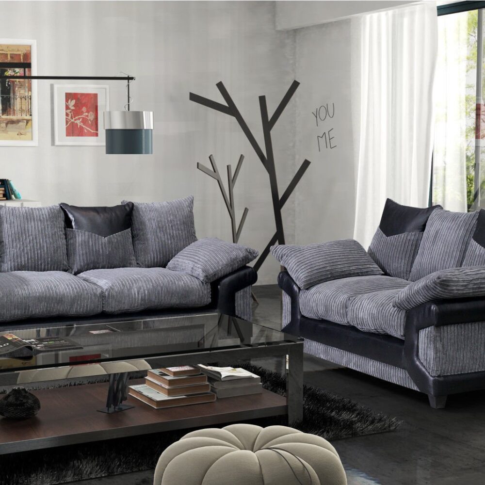 Dino Jumbo Cord with Leather 3+2 Seater Fabric Sofa in Grey with Black