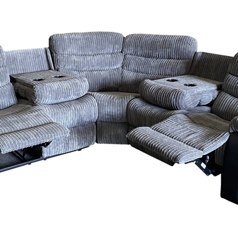 Roma Jumbo Cord with Leather 4-5 Seater Corner Recliner Sofa in Grey with Black
