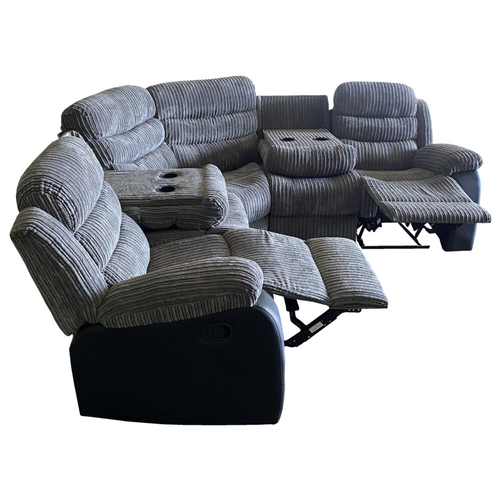Roma Jumbo Cord with Leather 4-5 Seater Corner Recliner Sofa in Grey with Black