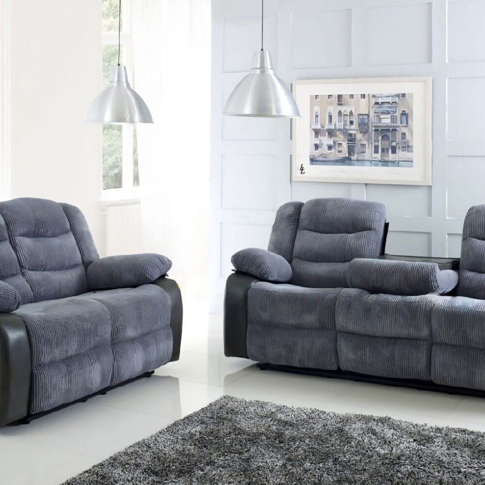 Roma Jumbo Cord with Leather Sofa 3+2 Seater Fabric Recliner Sofa in Grey with Black