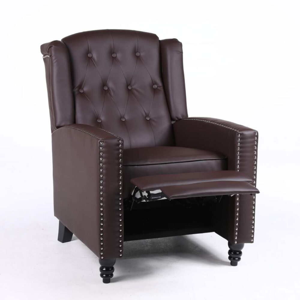 Antwerp Fabric Pushback Leather Wingback Recliner Armchair in Brown