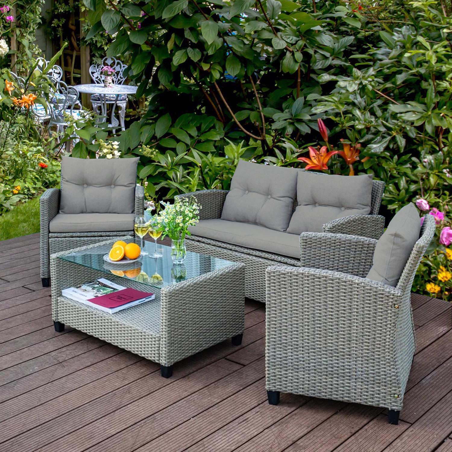 Mora Rattan 4 Seater Outdoor Conversation Set Garden Furniture Sofas with Coffee Table in Grey 7 Mora Rattan 4 Seater Outdoor Conversation Set Garden Furniture Sofas with Coffee Table in Grey