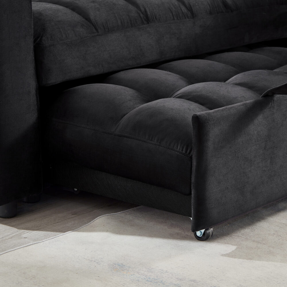 Madrid Velvet 3 Seater Pullout Sofa Bed in Black with Reversible Storage Chaise