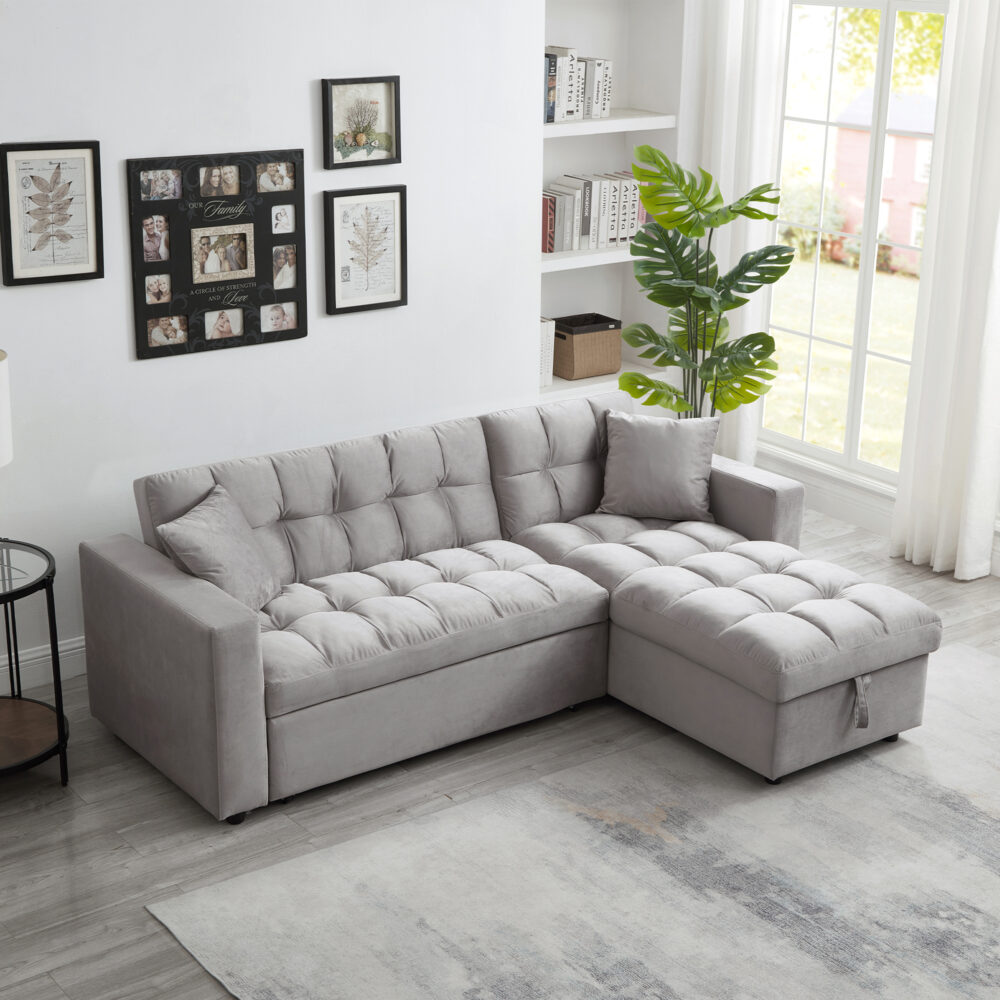 Madrid Velvet 3 Seater Pullout Sofa Bed in Grey with Reversible Storage Chaise