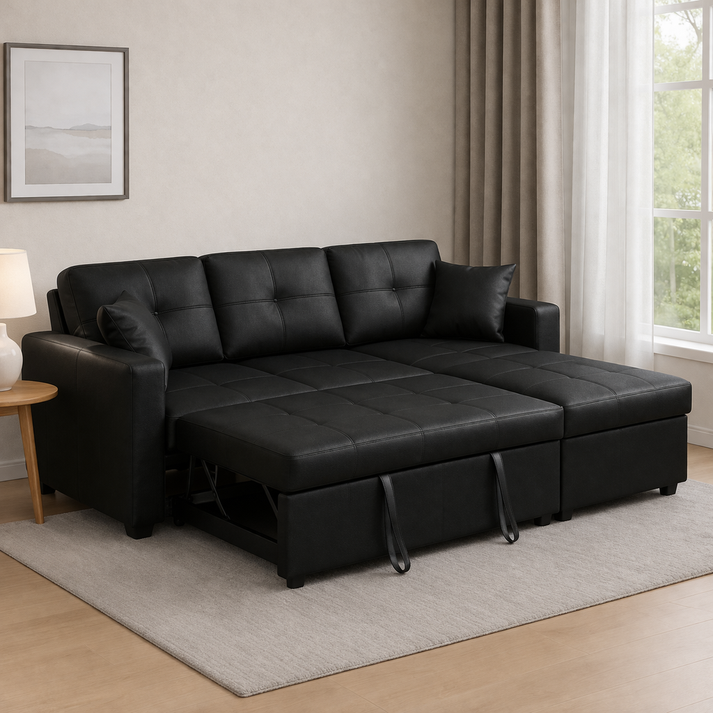 Newport Leather 3 Seater Pullout Sofa Bed in Black with Storage Compartment