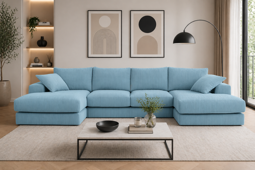 Rest Jumbo Cord Fabric Double Ended Chaise Sofa with Footstool in Sky Blue