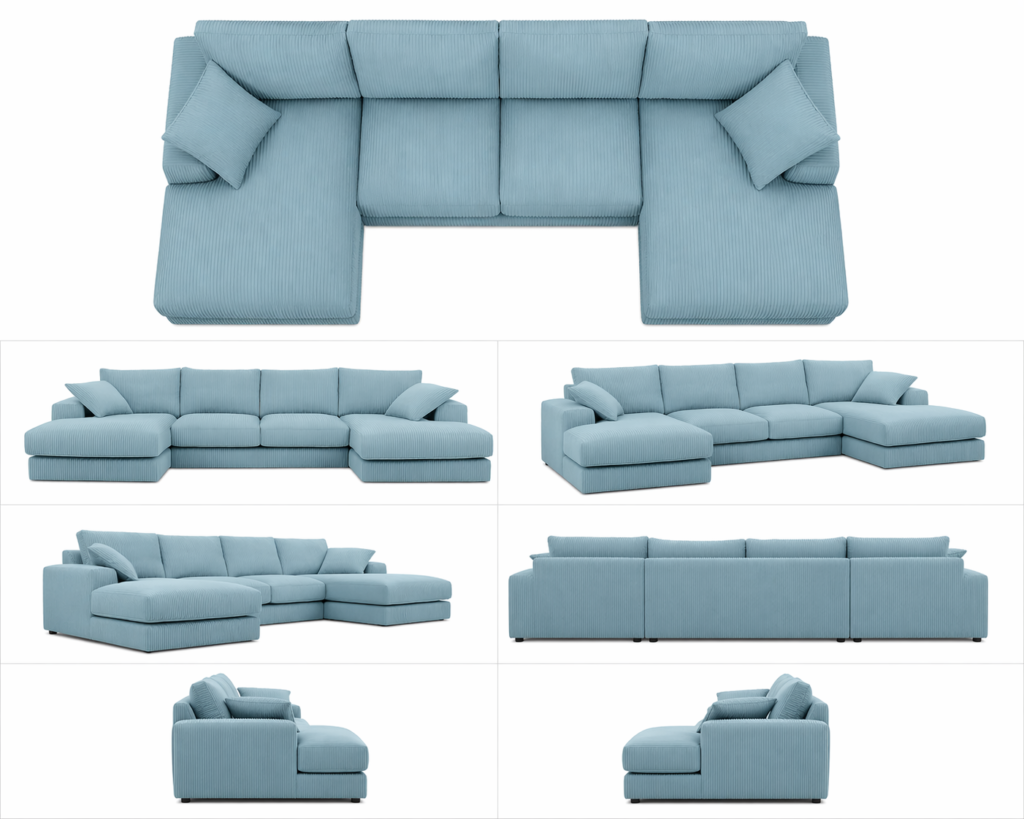 Rest Jumbo Cord Fabric Double Ended Chaise Sofa with Footstool in Sky Blue