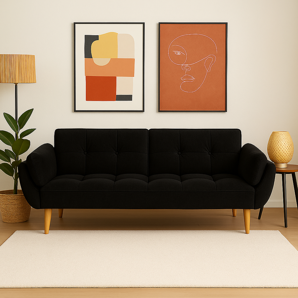 Ashby 1629 Black Ashby Velvet 3-Seater Sofa Bed Futon Settee with Wooden Legs in Black