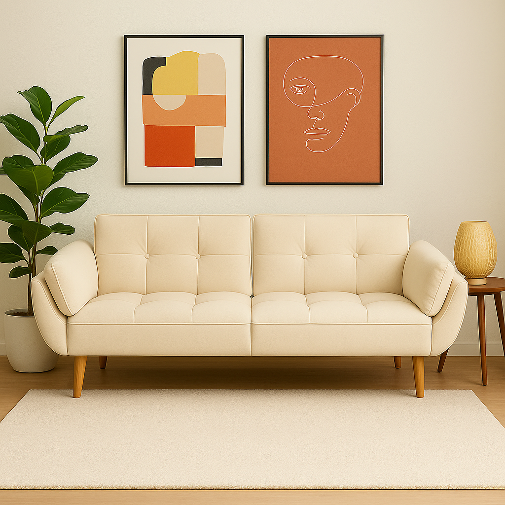 Ashby Velvet 3-Seater Sofa Bed Futon Settee with Wooden Legs in Cream