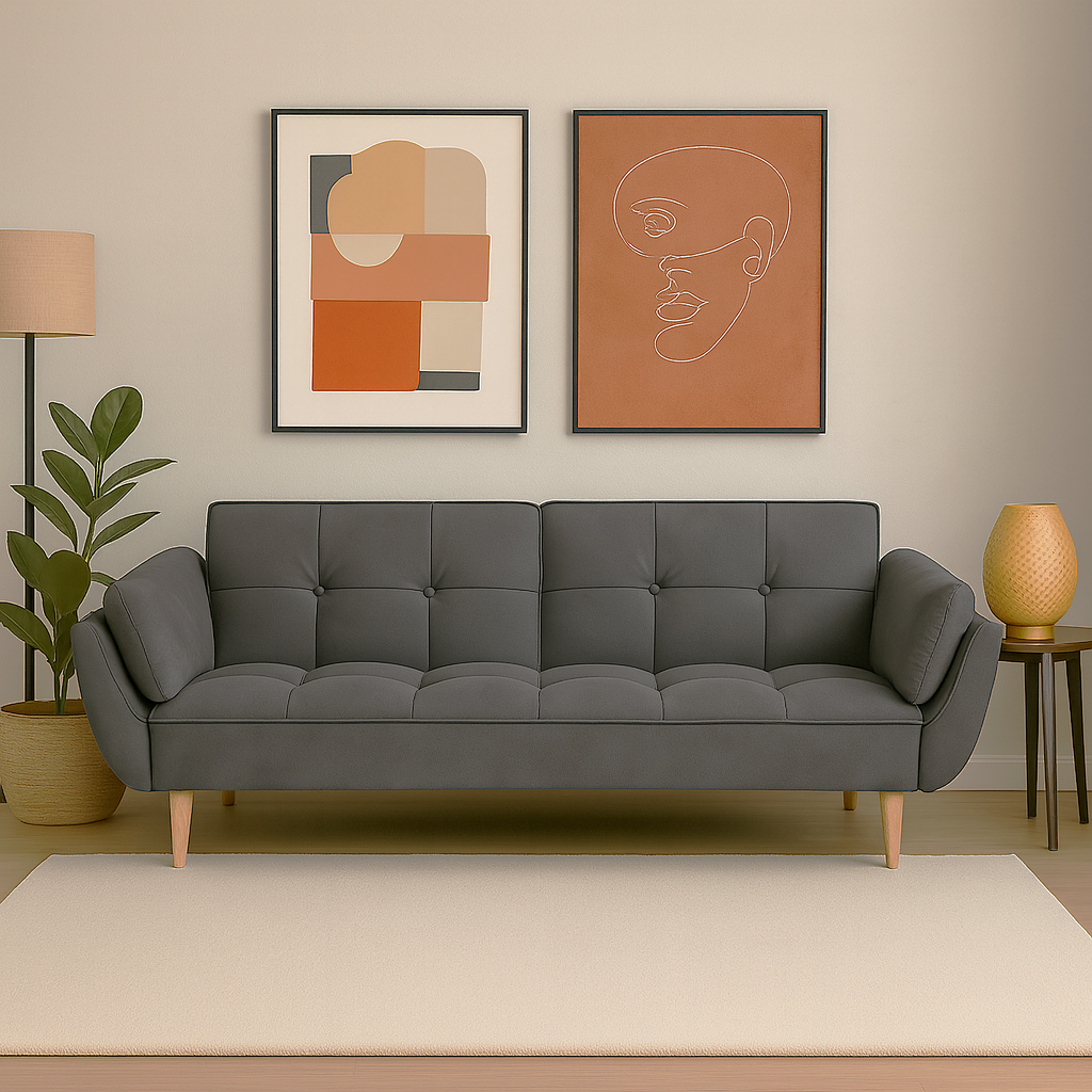 Ashby Velvet 3-Seater Sofa Bed Futon Settee with Wooden Legs in Dark Grey