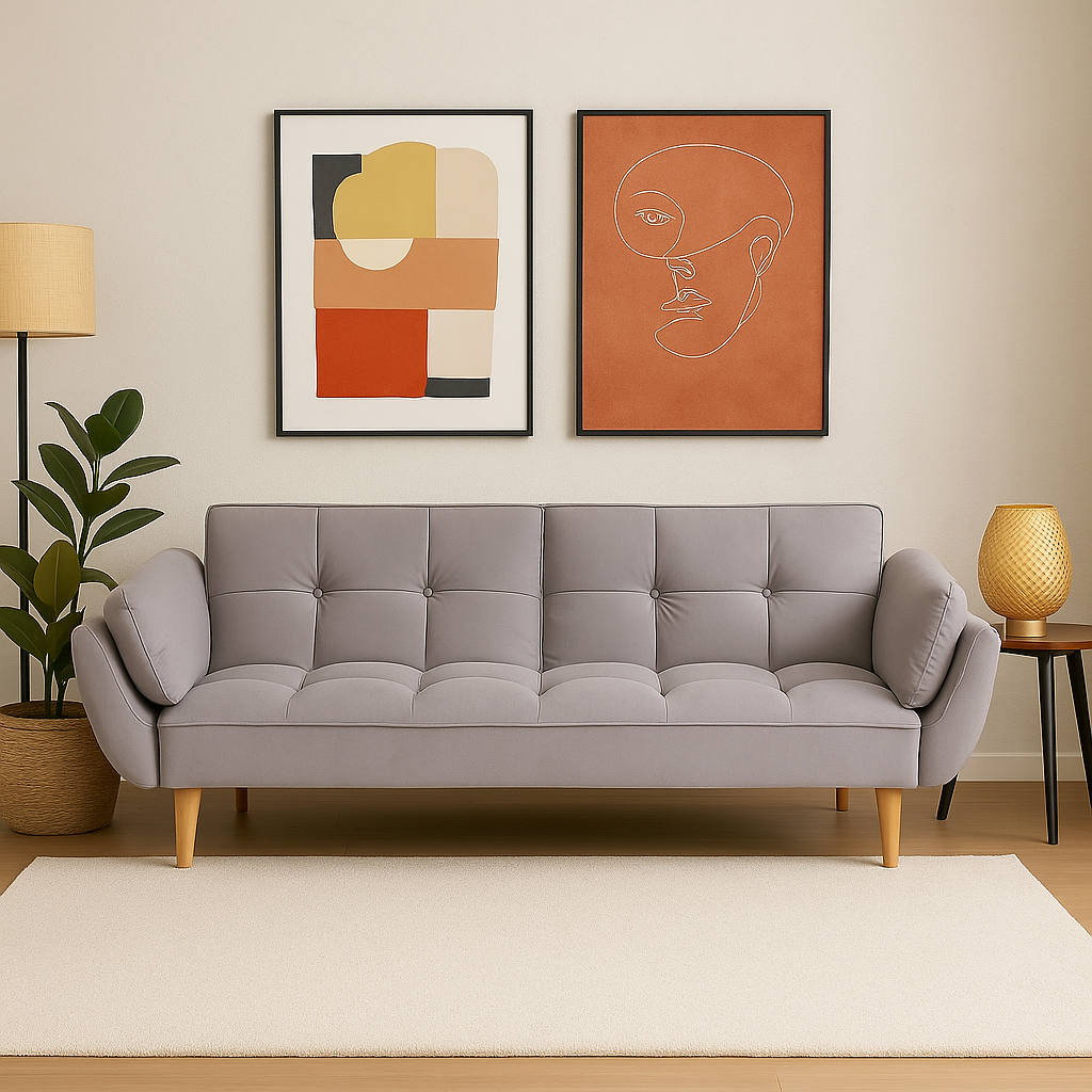 Ashby Velvet 3-Seater Sofa Bed Futon Settee with Wooden Legs in Light Grey