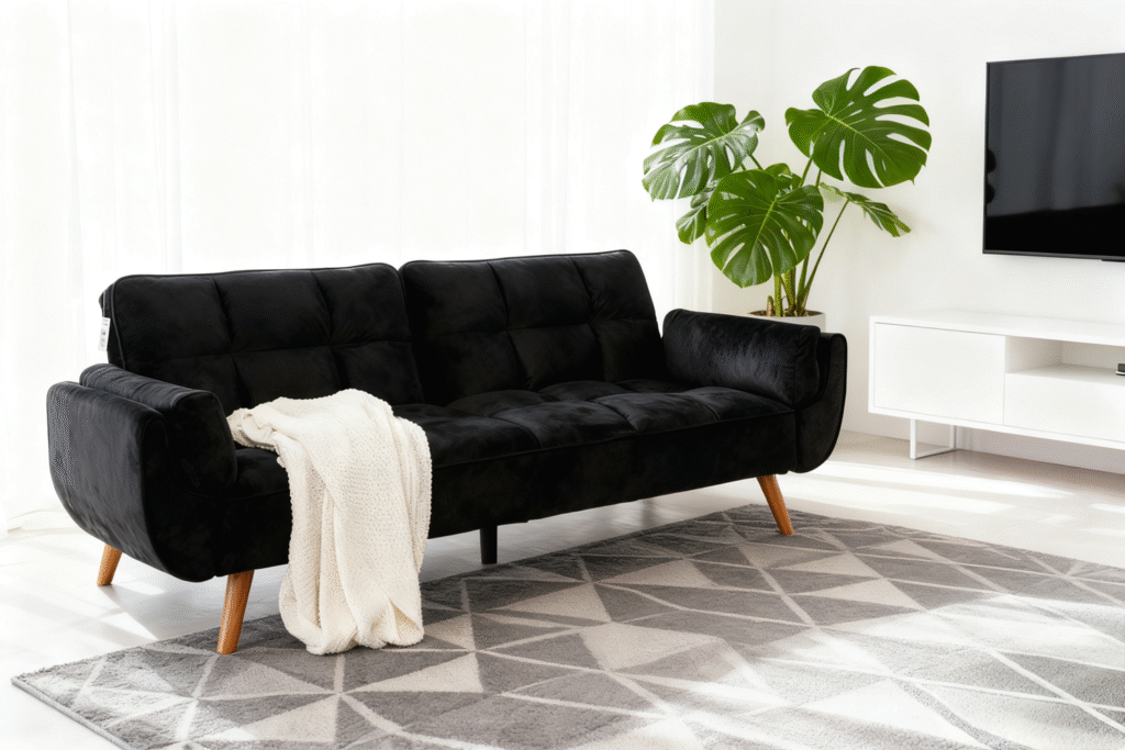 Ashby Velvet 3-Seater Sofa Bed Futon Settee with Wooden Legs in Black