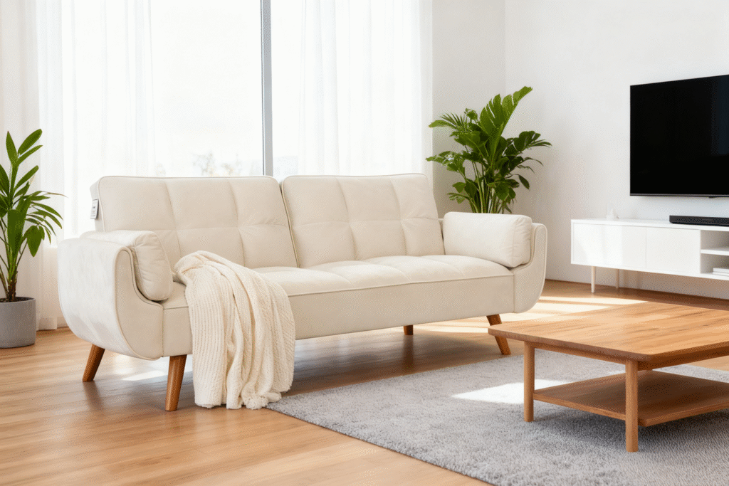 Ashby Velvet 3-Seater Sofa Bed Futon Settee with Wooden Legs in Cream