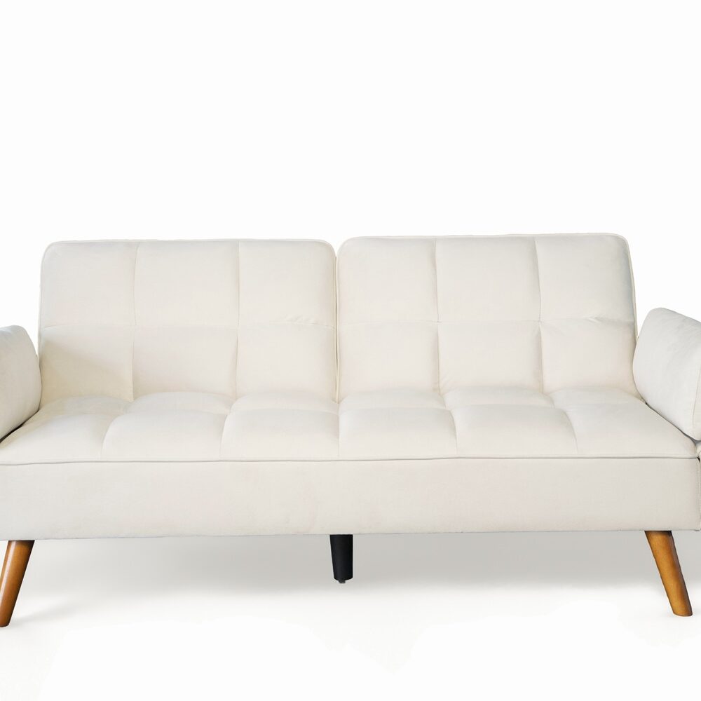 Ashby Velvet 3-Seater Sofa Bed Futon Settee with Wooden Legs in Cream