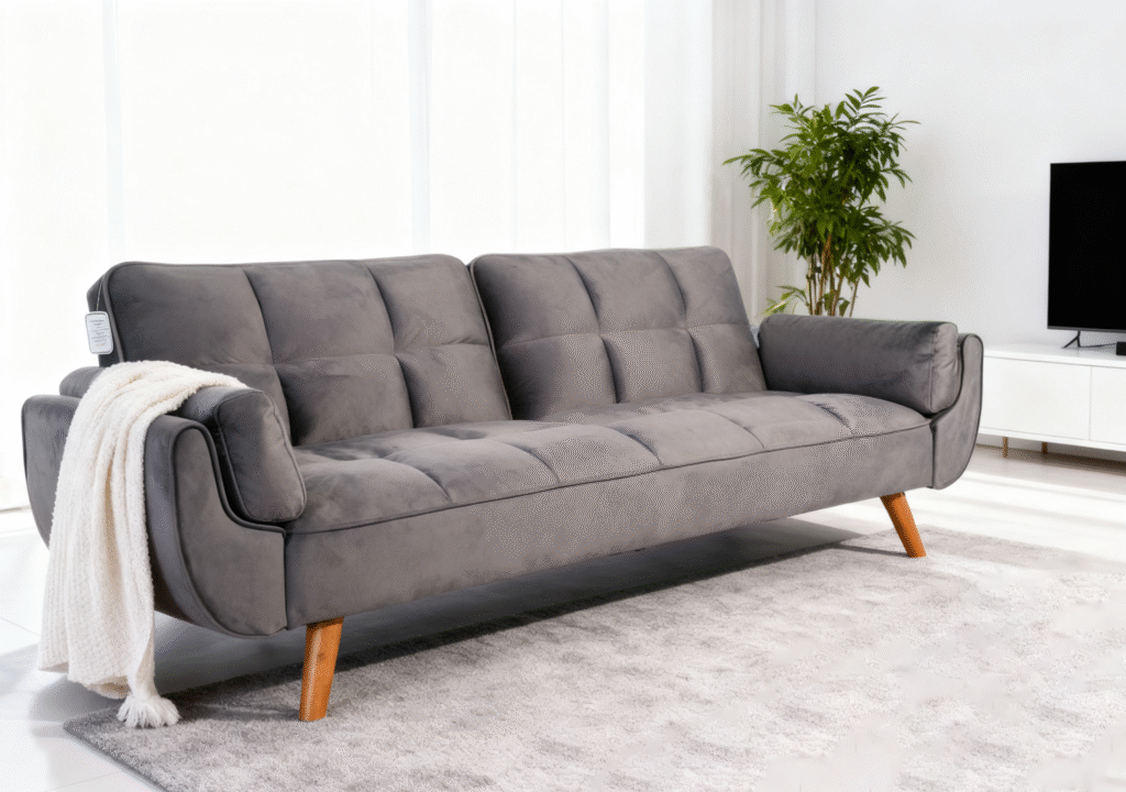 Ashby Velvet 3-Seater Sofa Bed Futon Settee with Wooden Legs in Dark Grey