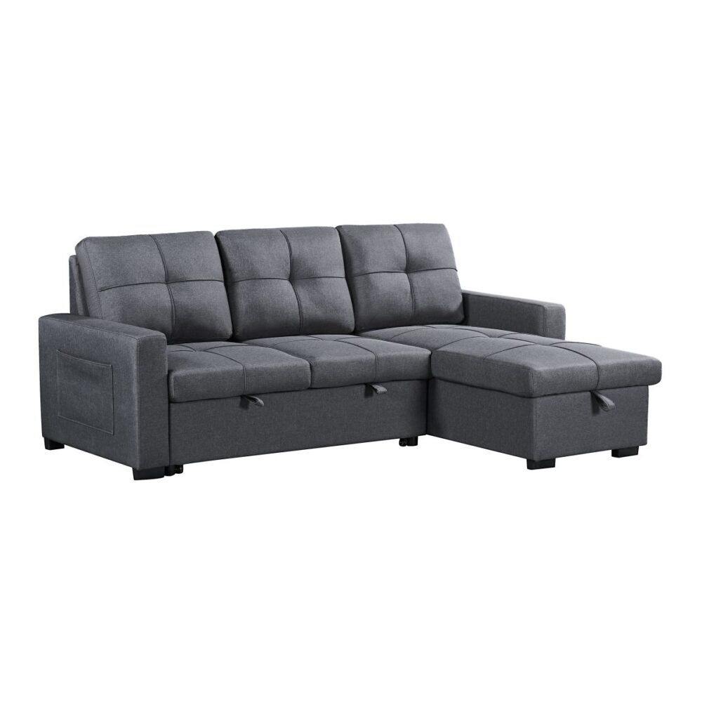 Naples Linen 3-Seater L Shape Sofa with Storage Chaise, Pullout Footrest & Drop-Down Drinks Holder in Dark Grey