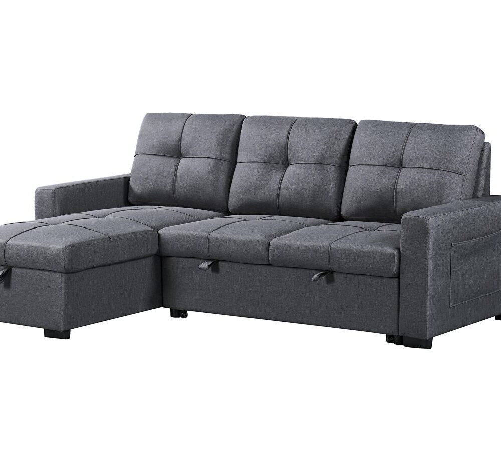 Naples Linen 3-Seater L Shape Sofa with Storage Chaise, Pullout Footrest & Drop-Down Drinks Holder in Dark Grey