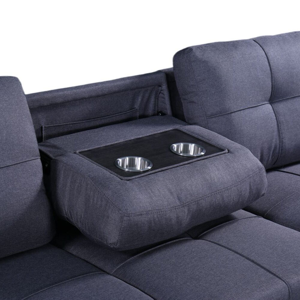 Naples Linen 3-Seater L Shape Sofa with Storage Chaise, Pullout Footrest & Drop-Down Drinks Holder in Dark Grey