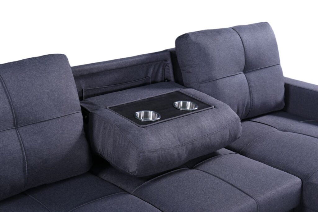 Naples Linen 3-Seater L Shape Sofa with Storage Chaise, Pullout Footrest & Drop-Down Drinks Holder in Dark Grey