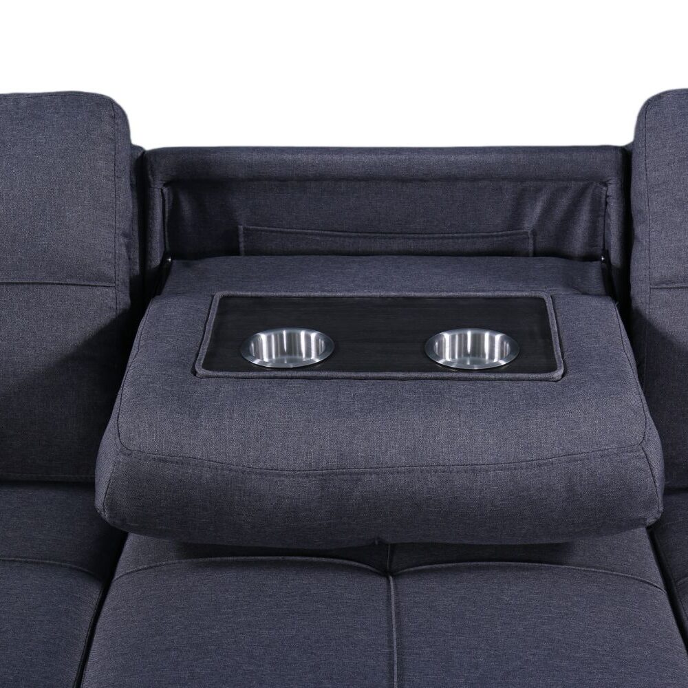 Naples Linen 3-Seater L Shape Sofa with Storage Chaise, Pullout Footrest & Drop-Down Drinks Holder in Dark Grey